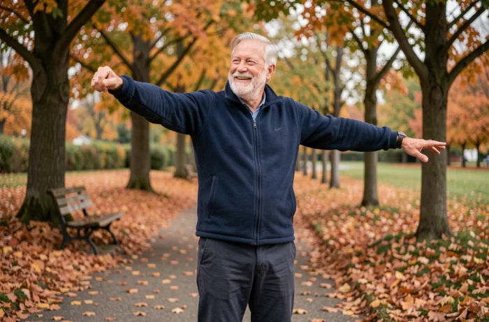 Homme senior faisant des étirements dans un parc en automne, symbolisant l'activité physique et la santé des seniors