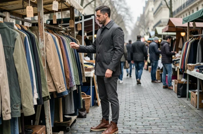 Homme en tenue streetwear urban fashion inspirée des séries TV fouillant des vêtements vintage dans un marché aux puces parisien