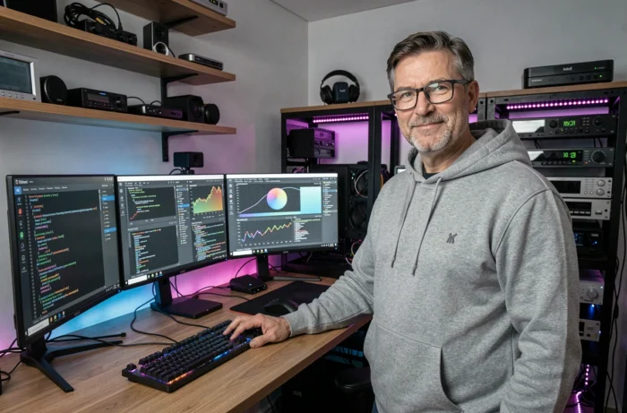 Homme entouré d'écrans et d'interfaces IA dans un studio technologique à domicile