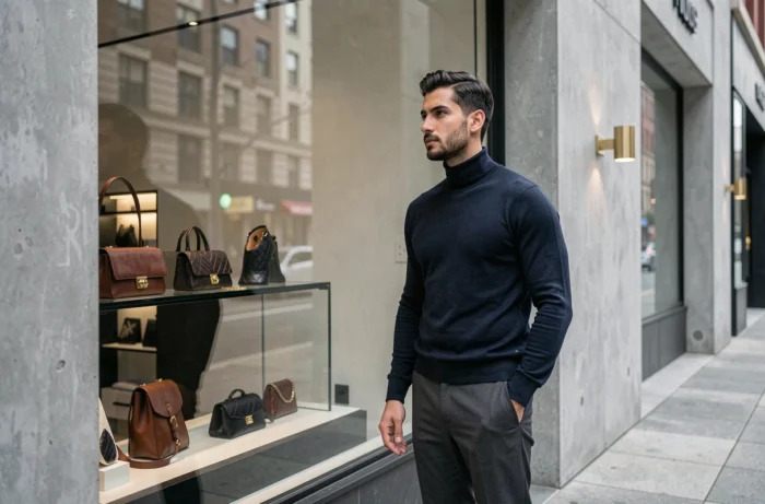 Homme tendance devant la vitrine d'un concept store contemporain, mode masculine et lifestyle urbain chic