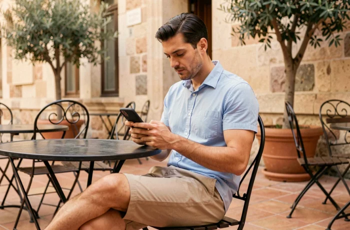 Homme en chemise légère et short chino à une terrasse de café en été, tenue fraîche et décontractée