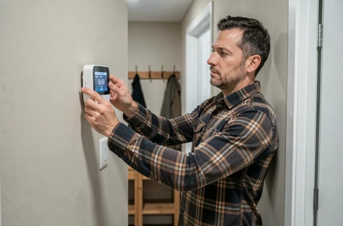 Homme réglant un thermostat programmable intelligent dans un couloir pour optimiser le chauffage et économiser de l'énergie