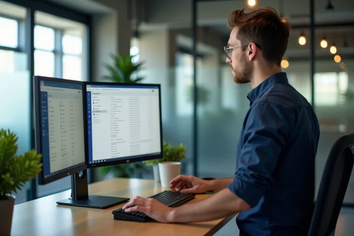 Homme utilisant un webmail sur double écran dans un espace de coworking moderne pour gérer ses emails professionnels