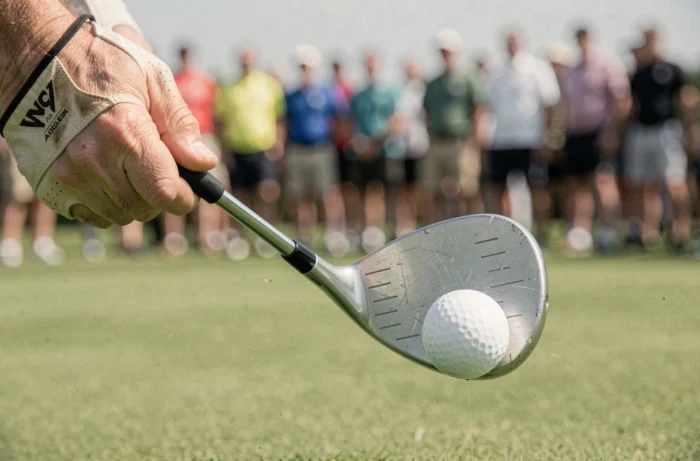 Gros plan sur la tête de club de long drive au moment de l'impact avec la balle de golf lors d'une compétition