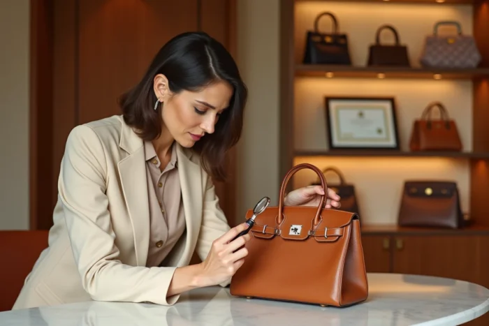 Femme inspectant un sac Hermès Birkin authentique d'occasion dans une boutique de revente de luxe