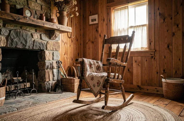 Intérieur rustique d'une maison de prairie américaine des années 1870 avec fauteuil à bascule en bois et cheminée en pierre, décor inspiré de La Petite Maison dans la Prairie
