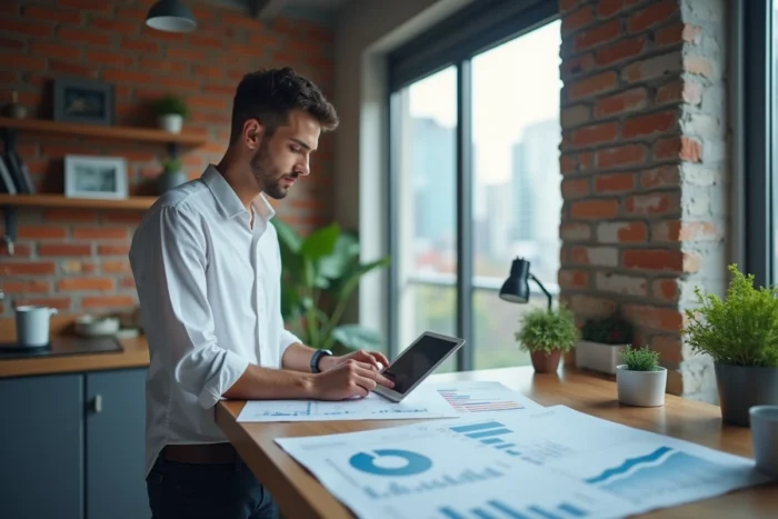 Jeune entrepreneur analysant des données financières pour lancer un business en ligne rentable depuis son appartement