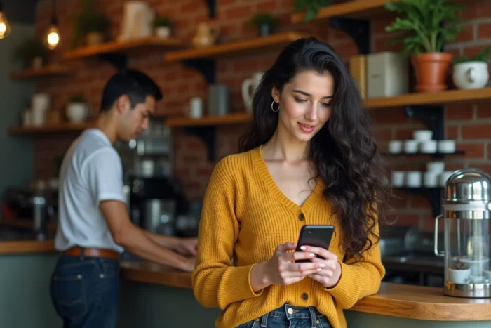 Jeune femme parcourant le site Atlantic News sur son smartphone dans un café chaleureux