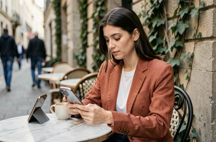 Jeune femme lisant un blog santé innovant sur smartphone en terrasse de café urbain au printemps
