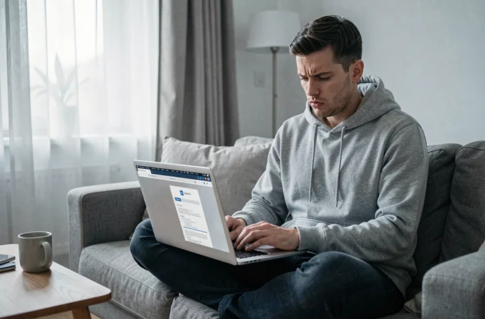 Jeune homme en hoodie gris utilisant un ordinateur portable pour postuler à des offres d'emploi en ligne depuis son salon