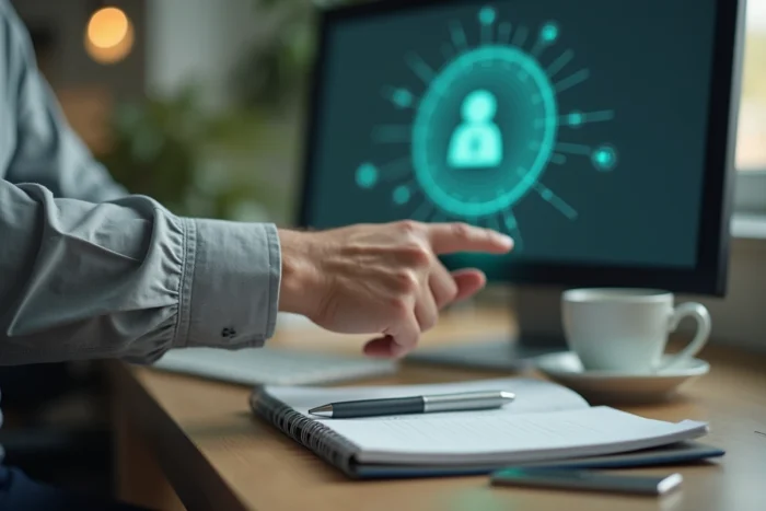 Gros plan d'une main appuyant sur un lecteur d'empreinte digitale connecté à un ordinateur dans un bureau universitaire sécurisé