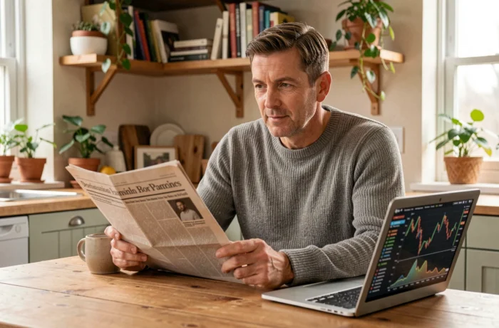 Homme lisant un journal économique et consultant des données financières sur laptop à la maison