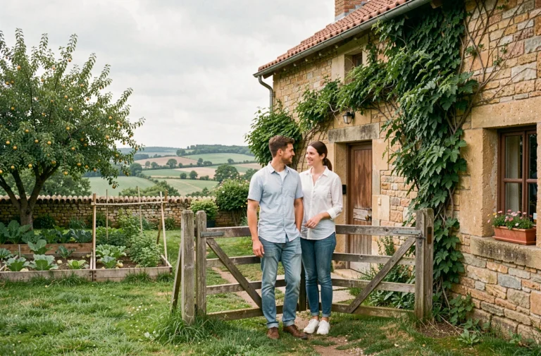 Couple devant une maison de campagne avec jardin à louer pour 600 euros en zone rurale française