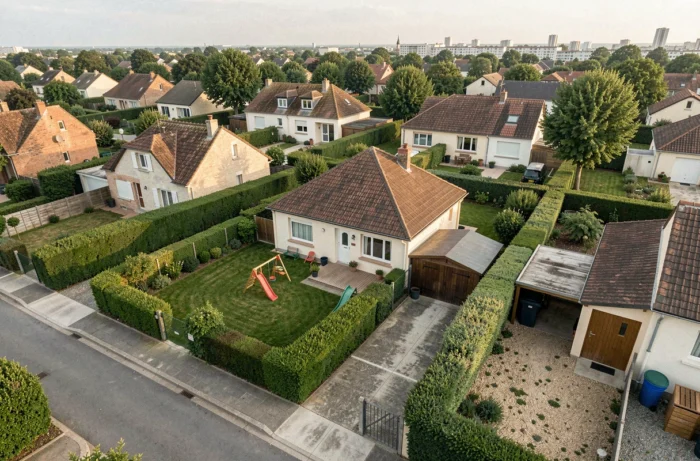Vue aérienne d'une maison avec jardin en périphérie urbaine française louée autour de 600 euros
