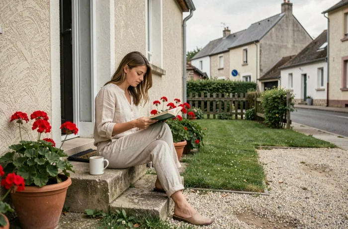 Femme devant sa maison avec jardin louée en petite ville pour environ 600 euros par mois