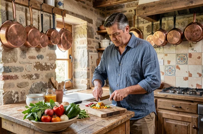 Homme français cuisinant une recette maison dans une cuisine rustique de style campagnard