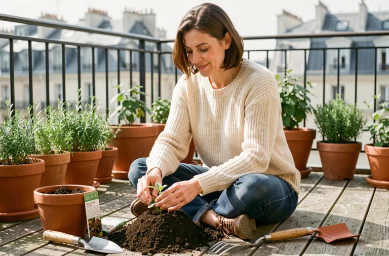 Femme pratiquant le jardinage sur un balcon parisien entourée de plantes et d'outils de jardinage