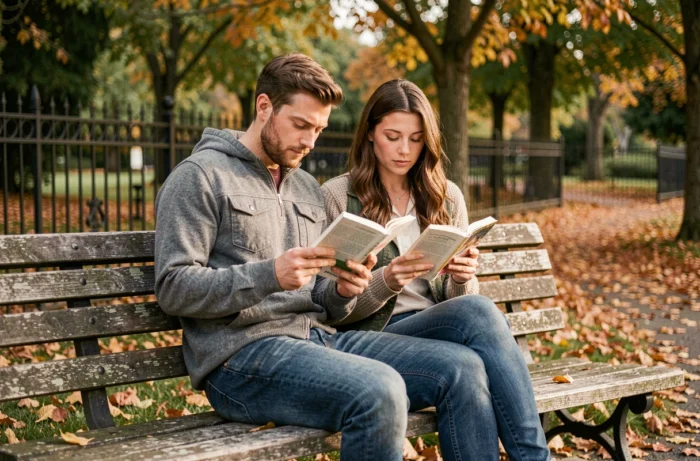 Couple de trentenaires lisant des livres sur un banc dans un parc en automne en France