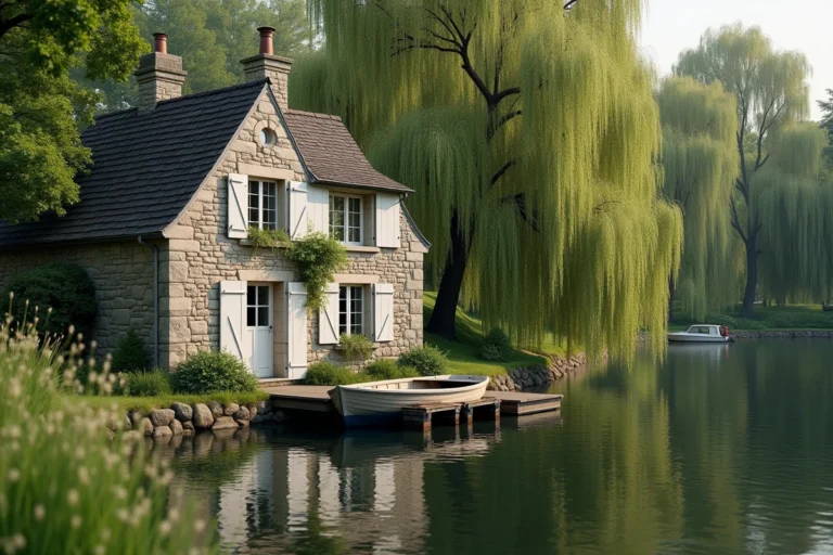 Maison en pierre au bord de la rivière avec volets blancs et ponton en bois près de Paris