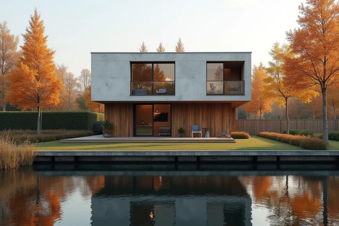 Maison moderne avec grandes fenêtres au bord d'un canal en banlieue parisienne à l'automne