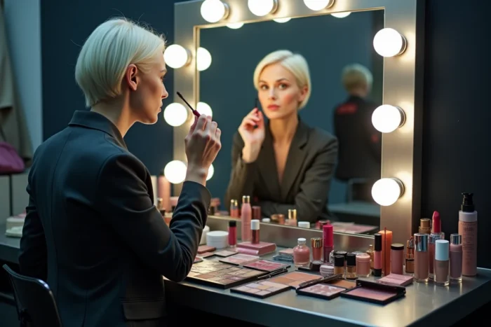 Femme aux cheveux platine se maquillant dans une loge de backstage entourée de produits de beauté
