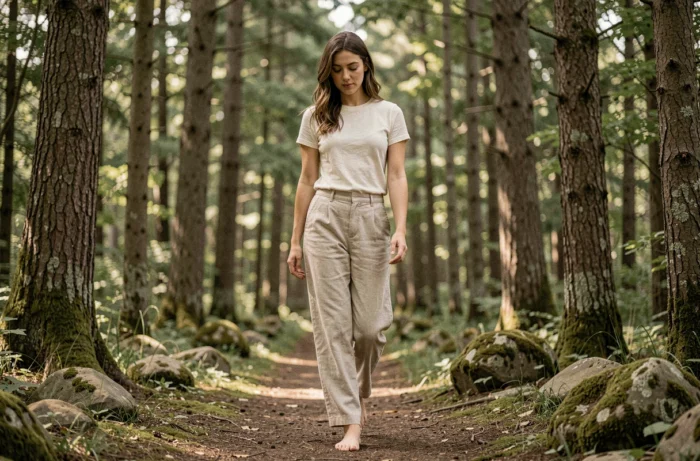 Jeune femme marchant pieds nus sur un sentier forestier paisible pour se ressourcer et améliorer son bien-être