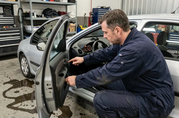 Mécanicien pointant les voyants du tableau de bord d'une Peugeot 206 dans un garage automobile