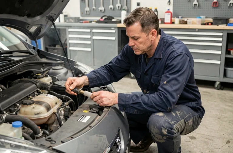 Mécanicien réamorçant le circuit carburant d'une Peugeot 308 HDi dans un garage automobile