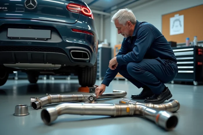 Mécanicien automobile examinant un schéma de ligne d'échappement complet avec pièces étiquetées dans un atelier professionnel