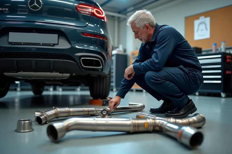 Mécanicien automobile examinant un schéma de ligne d'échappement complet avec pièces étiquetées dans un atelier professionnel