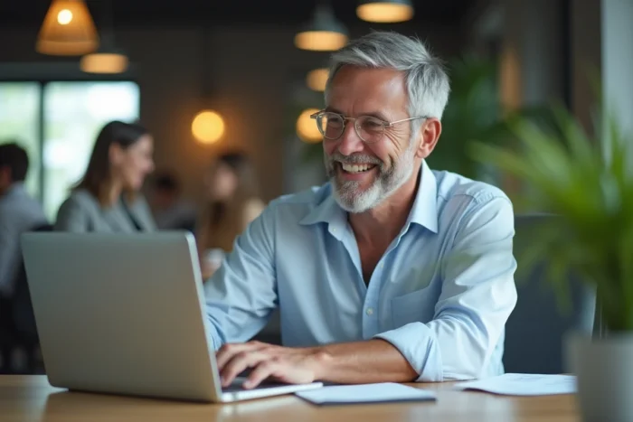 Homme souriant rédigeant un message de répondeur automatique détourné et humoristique pour annoncer ses vacances