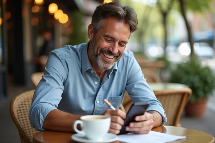 Homme écrivant un message tendre déguisé en avis client cinq étoiles dans un café en terrasse
