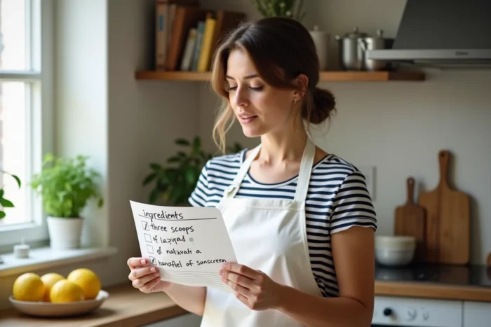 Femme lisant une recette de cuisine humoristique pour réussir ses vacances dans une cuisine moderne