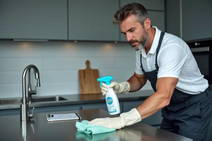 Professionnel du nettoyage appliquant un produit détartrant sur le plan de travail en inox d'une cuisine d'appartement avec un chiffon microfibre