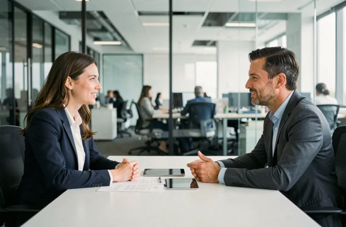 Deux professionnels en discussion de networking et mentorat dans une salle de réunion d'entreprise moderne pour développer leur carrière