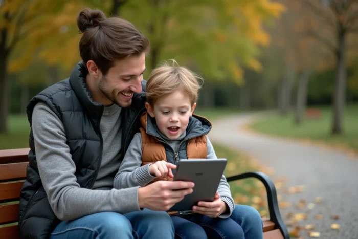 Parent et enfant regardant ensemble une tablette Samsung sur un banc de parc en automne