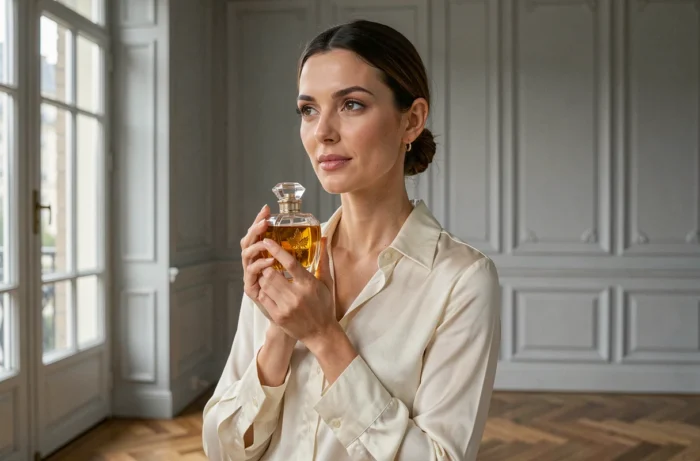 Femme élégante tenant un flacon de parfum Dior précieux dans un appartement parisien au décor haussmannien raffiné