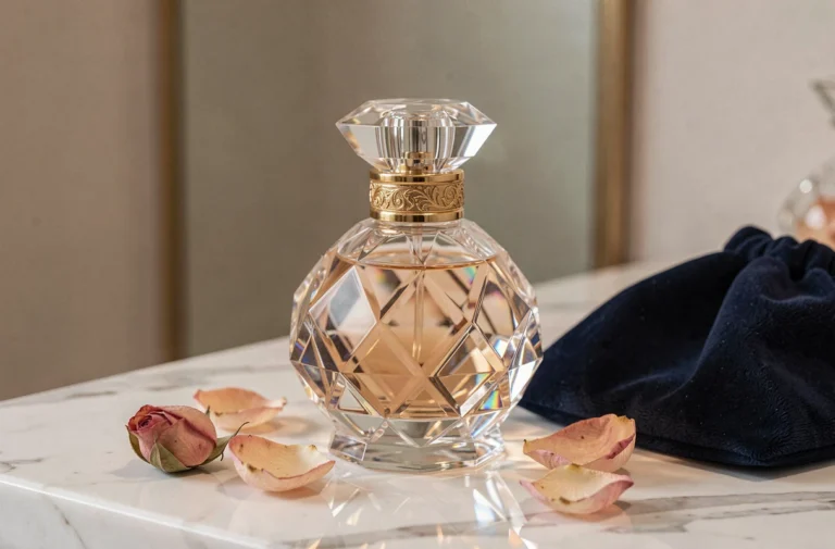 Flacon de parfum Dior luxueux en cristal taillé avec des accents dorés sur marbre blanc dans une boutique haut de gamme