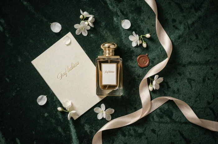 Mise en scène flat lay luxueuse d'un parfum Dior haut de gamme avec des fleurs de jasmin et accessoires dorés sur velours vert