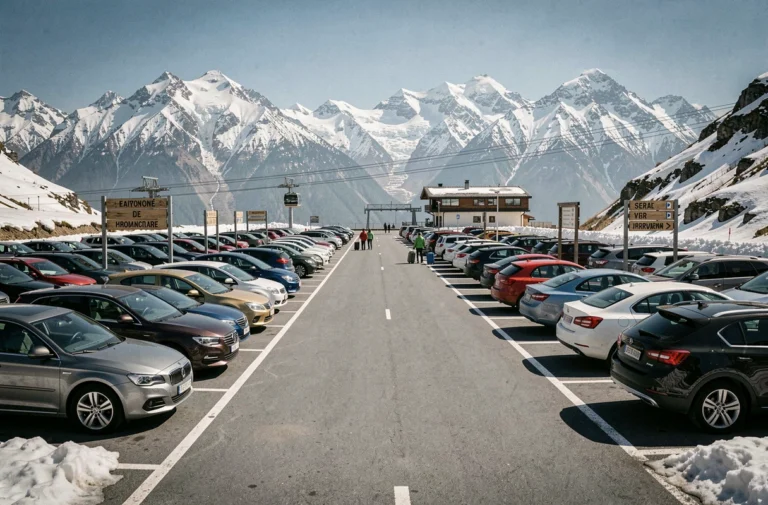 Grand parking en plein air à Chamonix avec vue sur les sommets alpins enneigés et l'Aiguille du Midi en arrière-plan