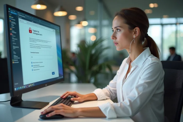 Femme en entreprise face à un écran affichant un email de phishing ciblant un compte Instagram