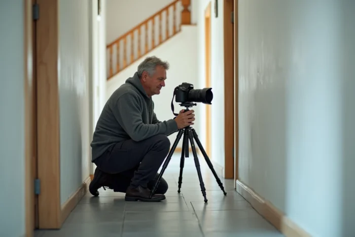 Photographe professionnel installant une caméra 360 degrés pour une visite virtuelle dans un couloir de maison vide