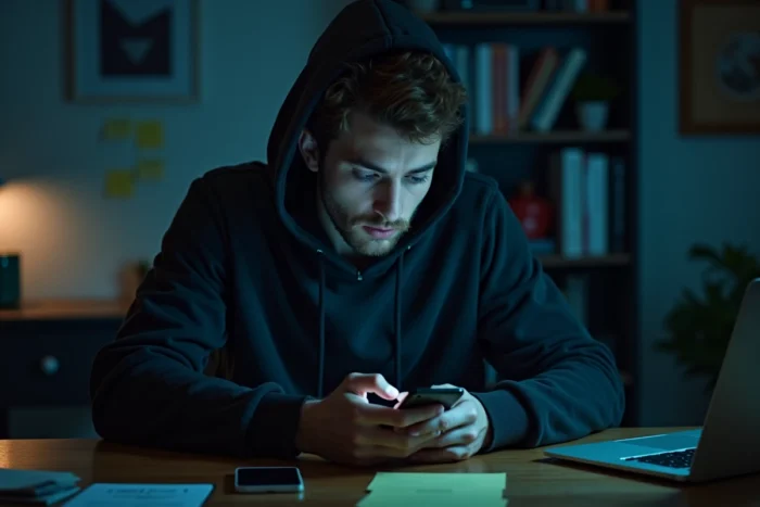 Homme inquiet regardant une alerte de sécurité sur son smartphone, illustrant le piratage de compte Instagram