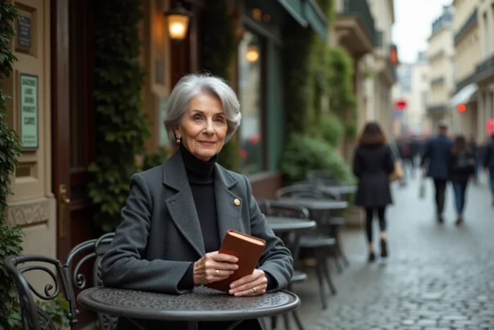 Femme française distinguée aux cheveux argentés assise à une terrasse de café parisien avec un carnet, portrait inspirant évoquant les femmes influentes de France
