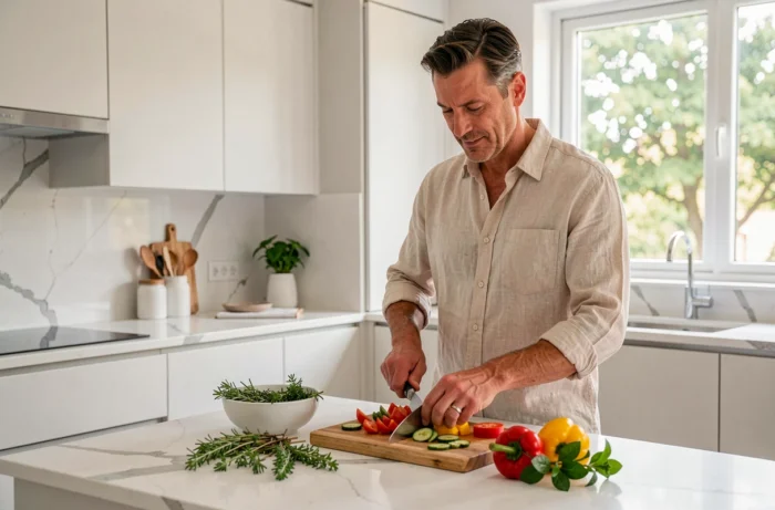 Homme préparant un repas sain dans une cuisine moderne dans le cadre d'une routine de bien-être équilibrée