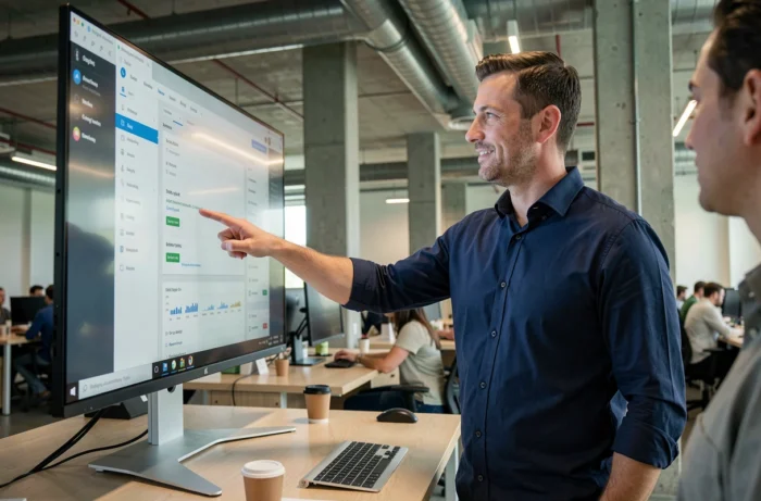 Professionnel masculin présentant un tableau de bord de site web sur grand écran dans un espace de coworking moderne