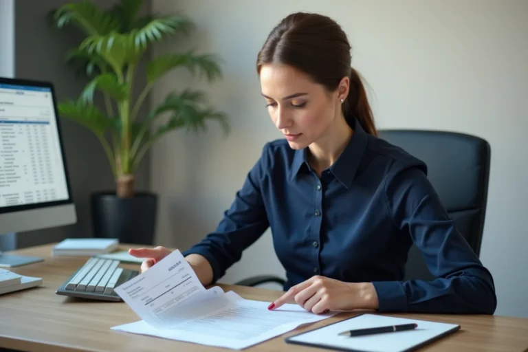 Professionnelle de santé analysant sa fiche de paie avec la prime décentralisée CCN 51 dans un bureau administratif