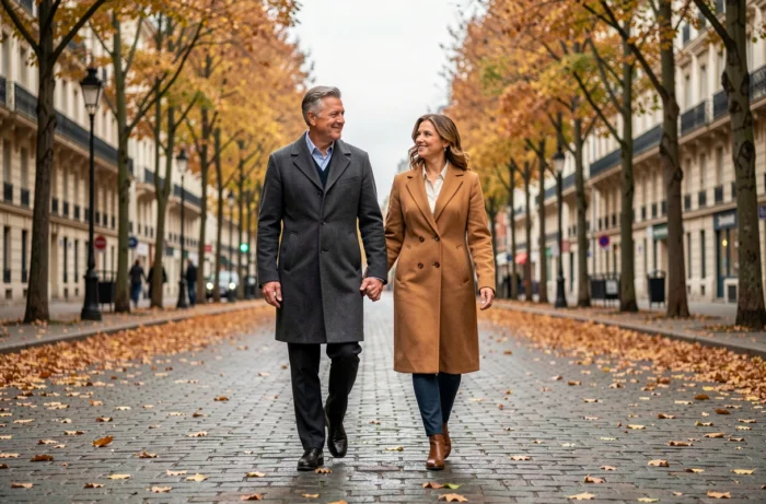 Couple se promenant main dans la main sur un boulevard parisien en automne, symbolisant la romance et la complicité amoureuse
