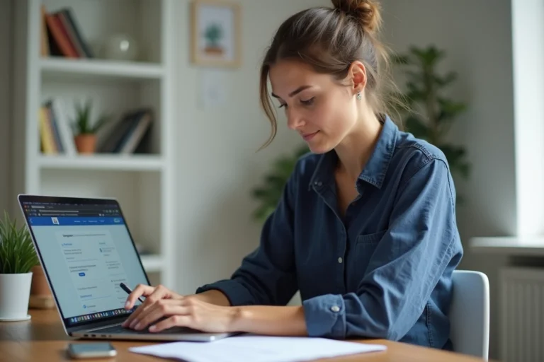 Une femme renouvelle son permis de conduire français en ligne depuis son bureau à domicile