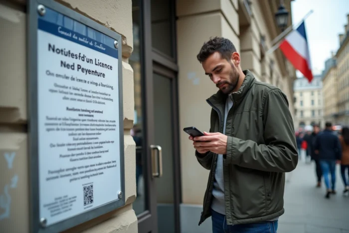 Un jeune homme scanne un QR code devant une préfecture pour accéder au service de renouvellement de permis en ligne